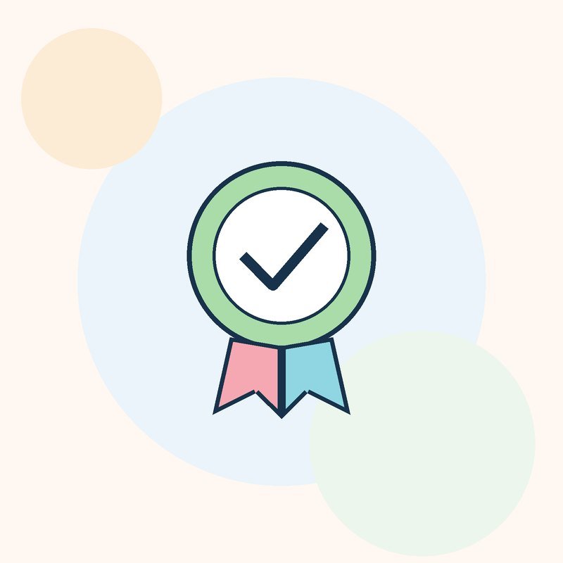 An illustrated green seal with a check mark and two ribbons