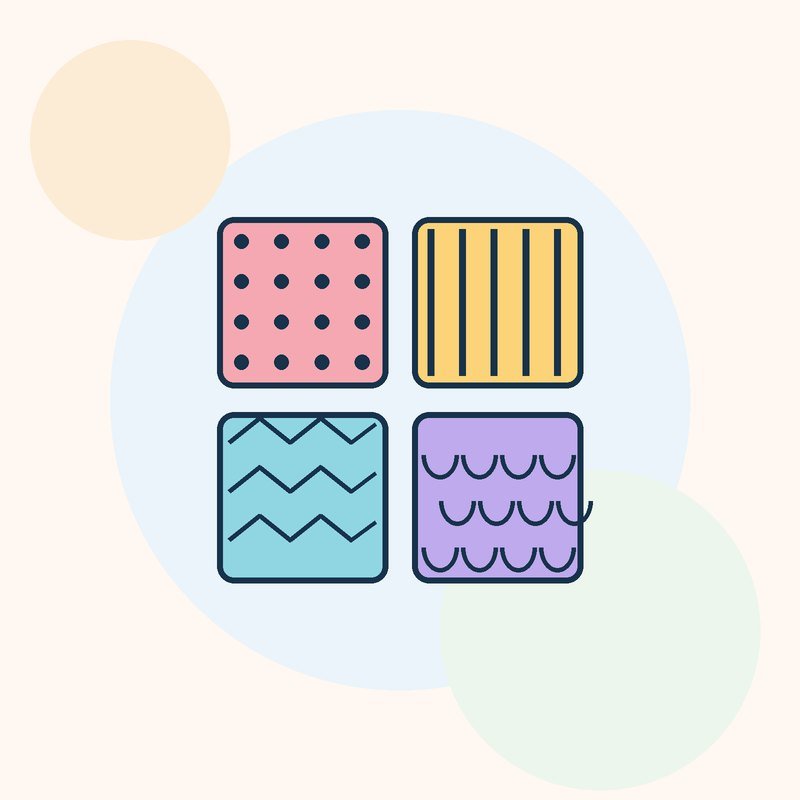 Four colored tiles filled with dots, stripes, zigzags and scales