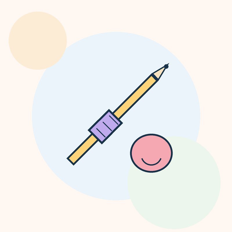 A yellow pencil with a lilac grip sleeve beside a pink grip
