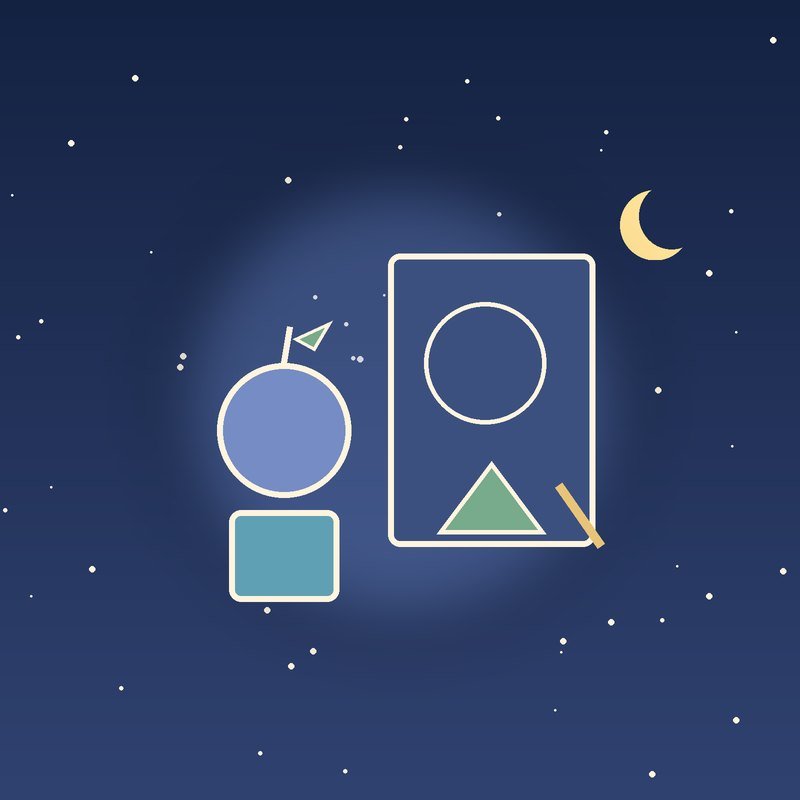 An apple and a cup beside a coloring page, drawn in light lines on night blue
