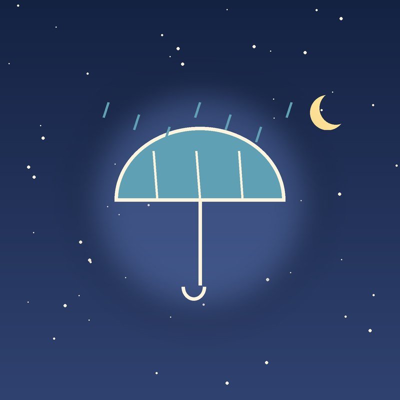 An umbrella under falling rain drawn in light lines on a night-blue background