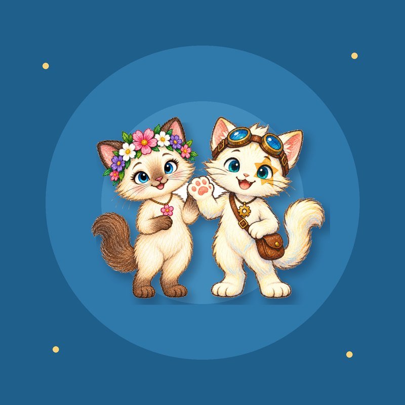 Naeli and Rinwa from Meowelo standing side by side on a blue background