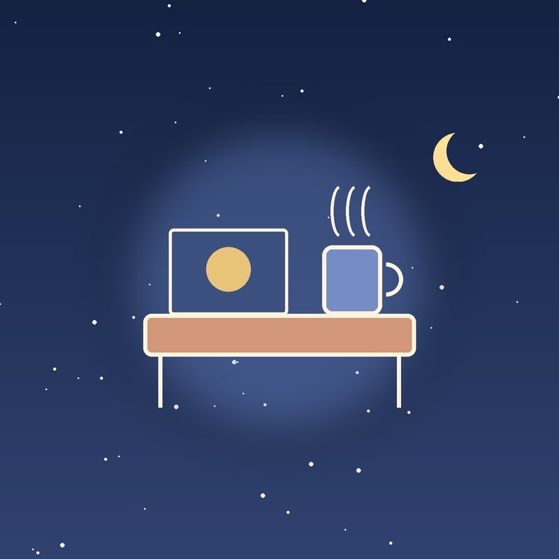 A bed tray with a coloring page and a warm mug on a starry night-blue background