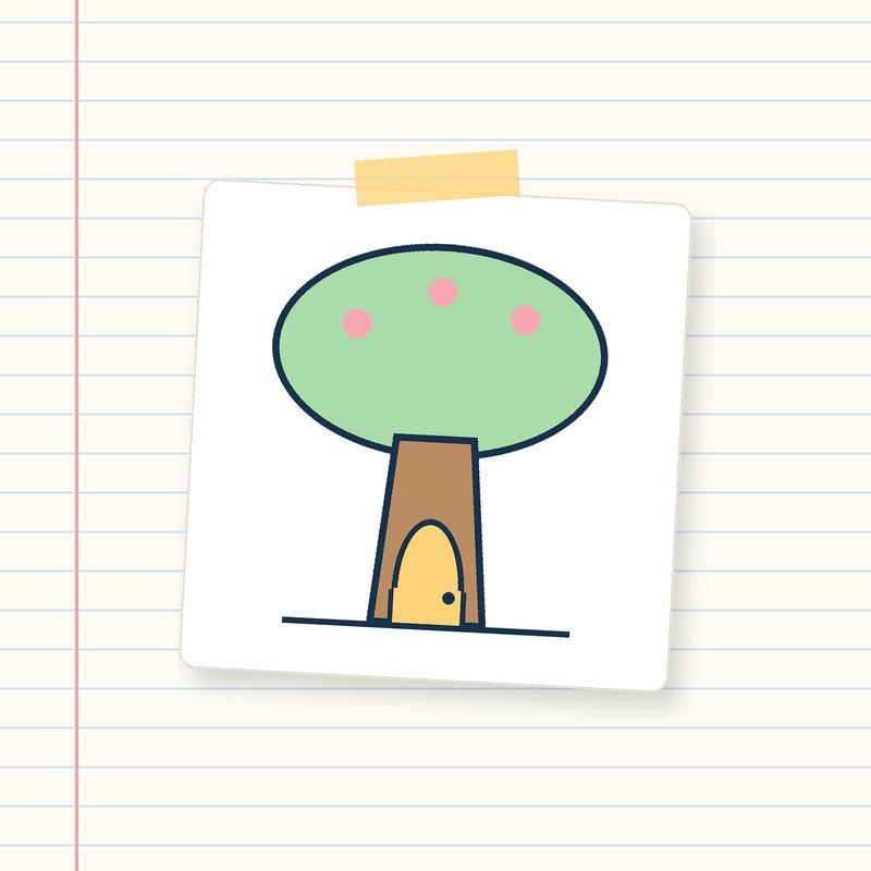 A tree with a small yellow door between its roots