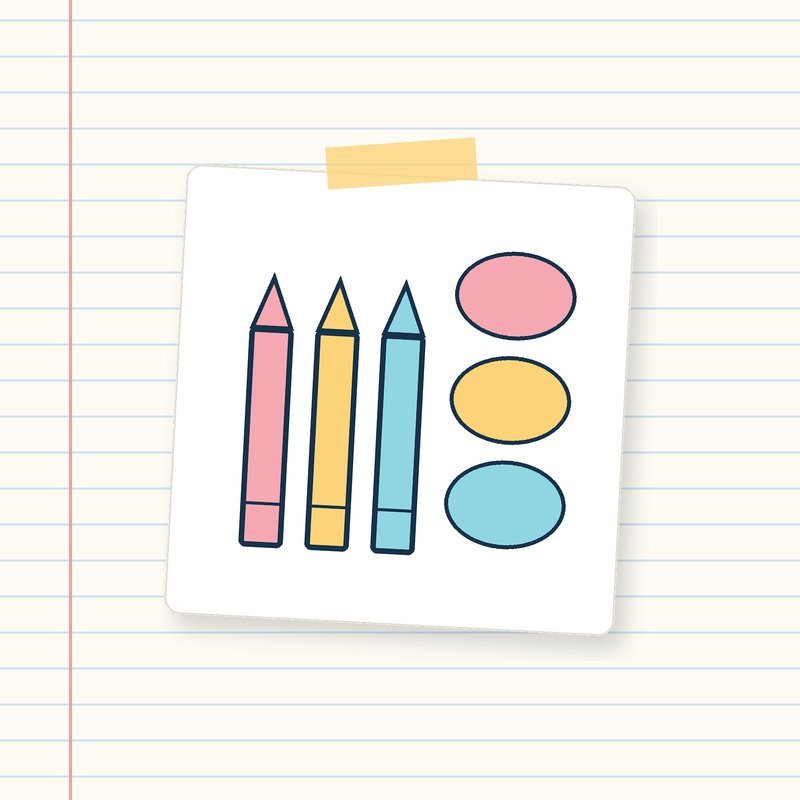 Three crayons in pink, yellow and blue beside three matching color blobs