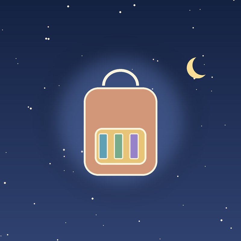 A small backpack holding three colored pencils, drawn on a night-blue background