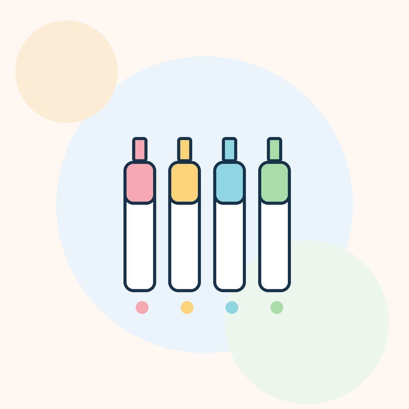 Four illustrated washable markers in pink, yellow, blue and green with matching color dots
