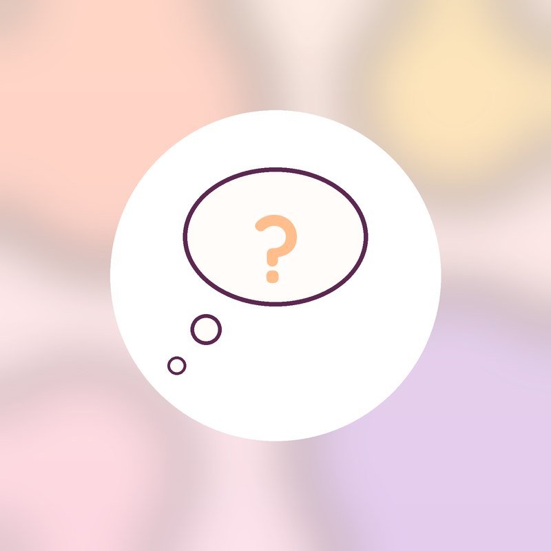 A thought bubble with a lilac question mark in a white circle