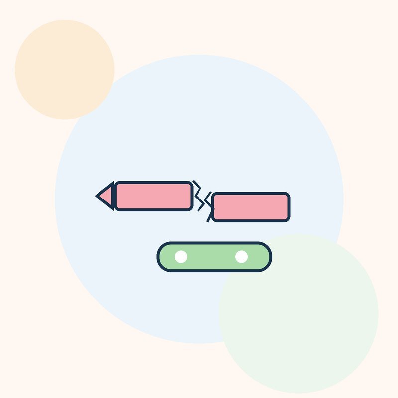 An illustrated pink crayon broken in two above a green crayon box