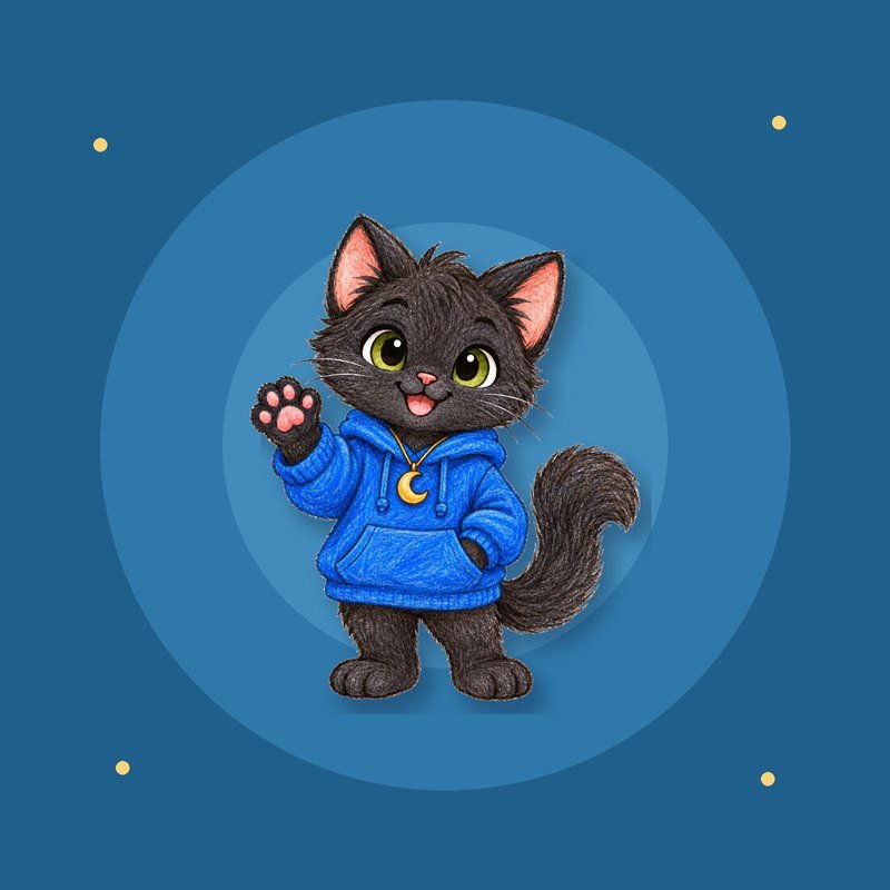 Lunai, the charcoal cat in a blue hoodie, waving on a Meowelo-blue background