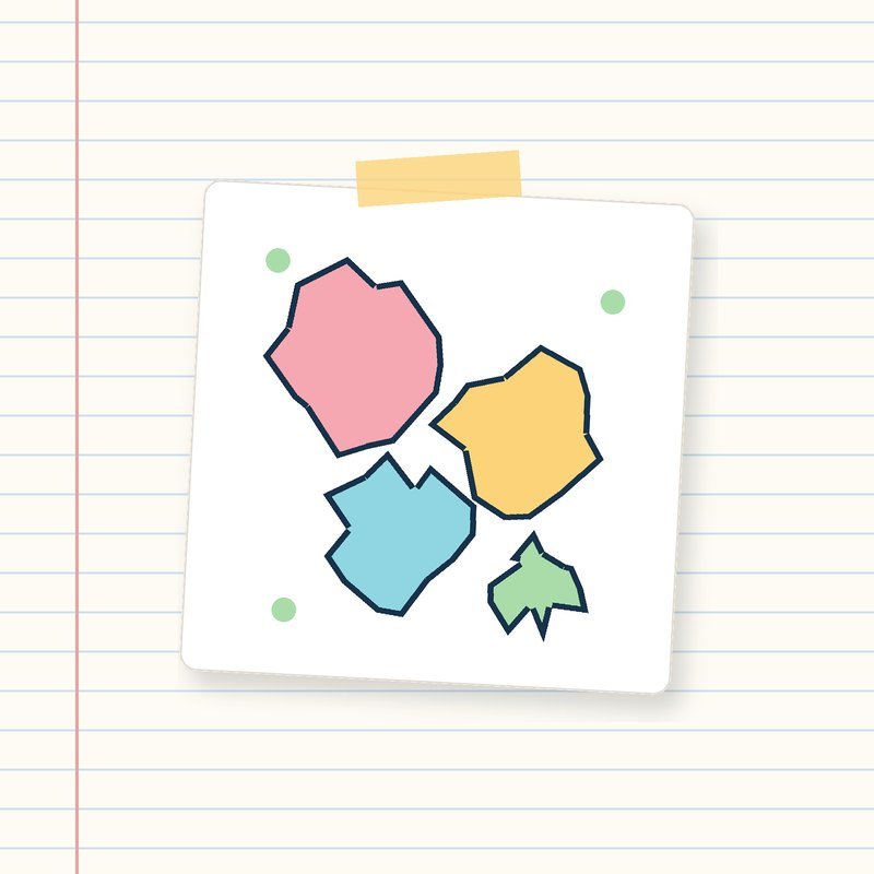 Four bright paint splats on a card taped to notebook paper