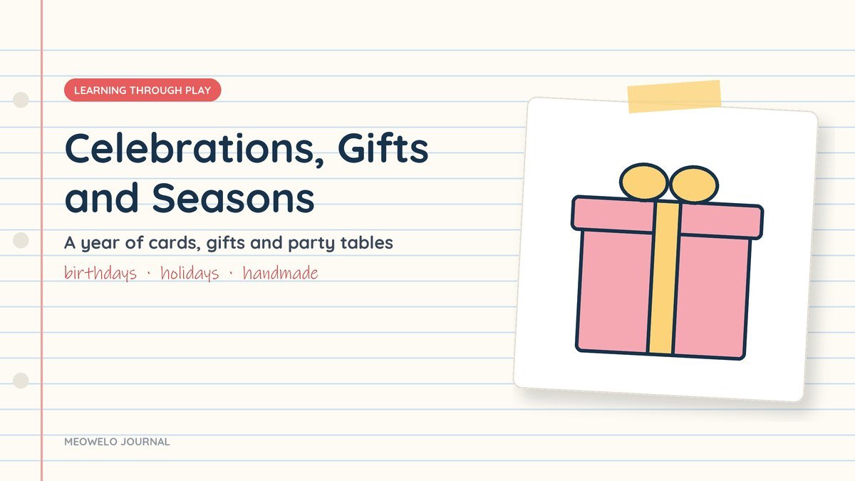 Celebrations, Gifts and Seasons: a wrapped gift with a ribbon on a card taped to notebook paper