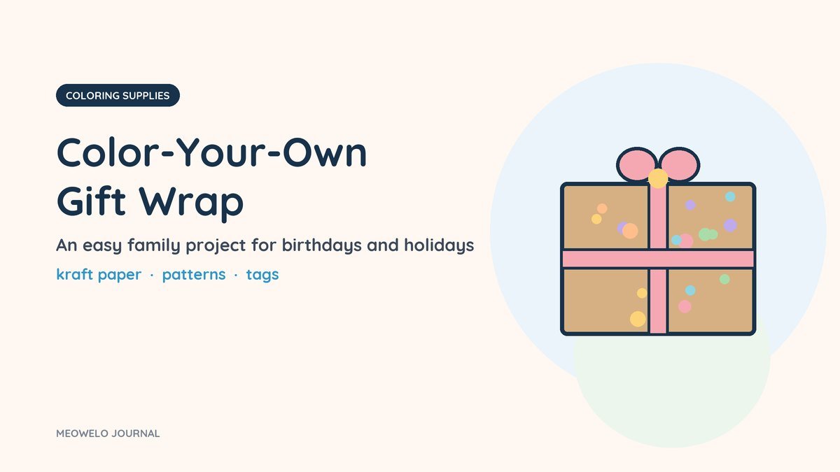 Color-Your-Own Gift Wrap: a kraft paper parcel covered in colorful dots with a pink bow