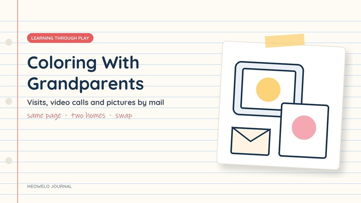 Coloring With Grandparents: a tablet showing a coloring page, a printed page and an envelope