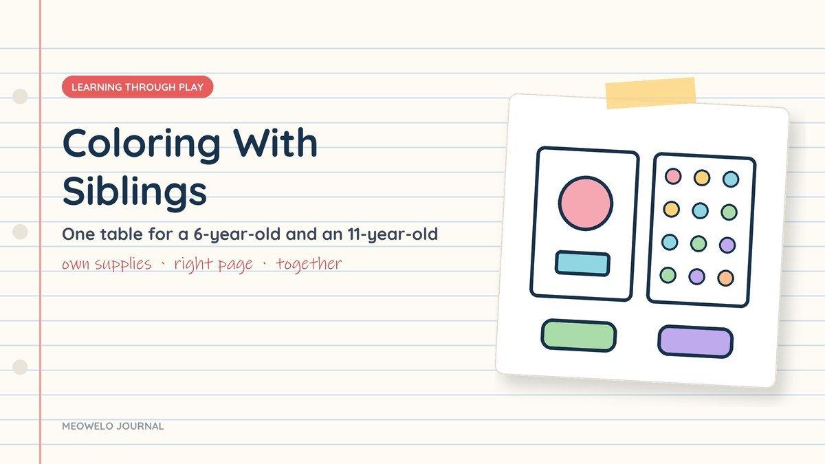 Coloring With Siblings: a simple page and a detailed page side by side with two supply pouches
