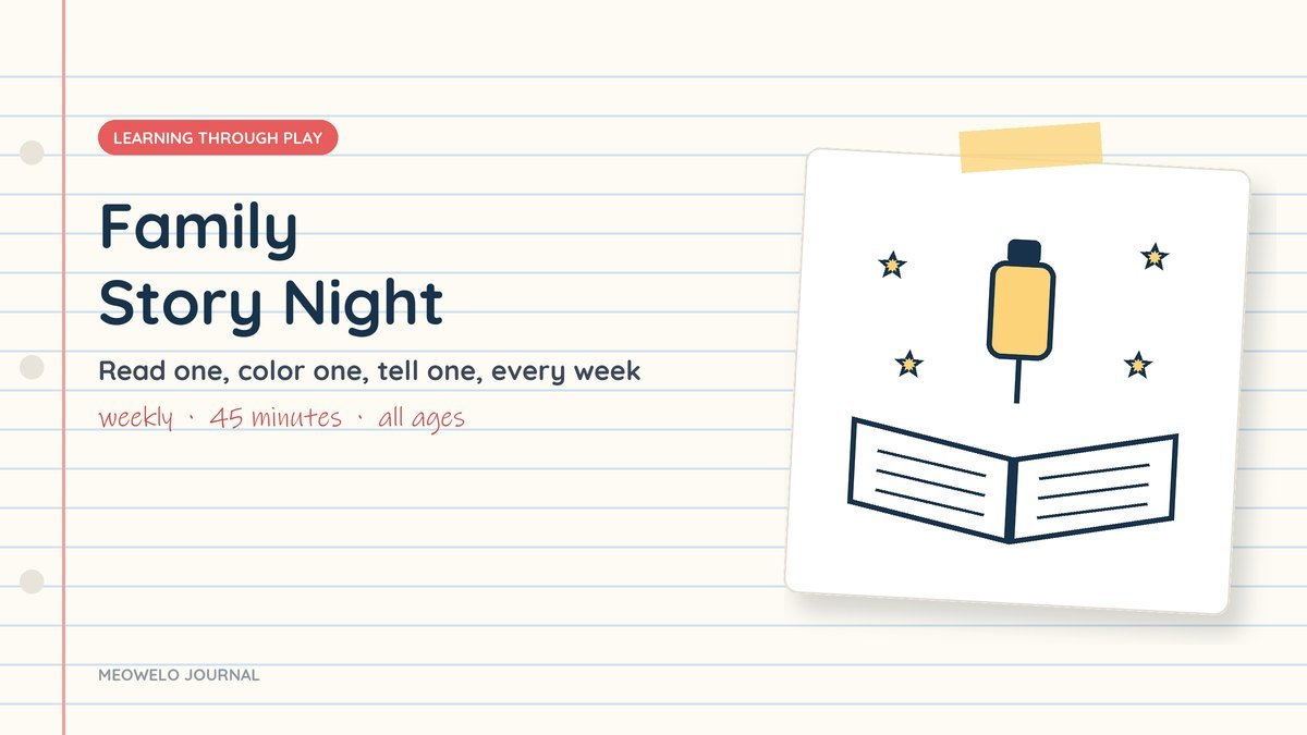 Family Story Night: an open book under a warm lantern surrounded by small yellow stars