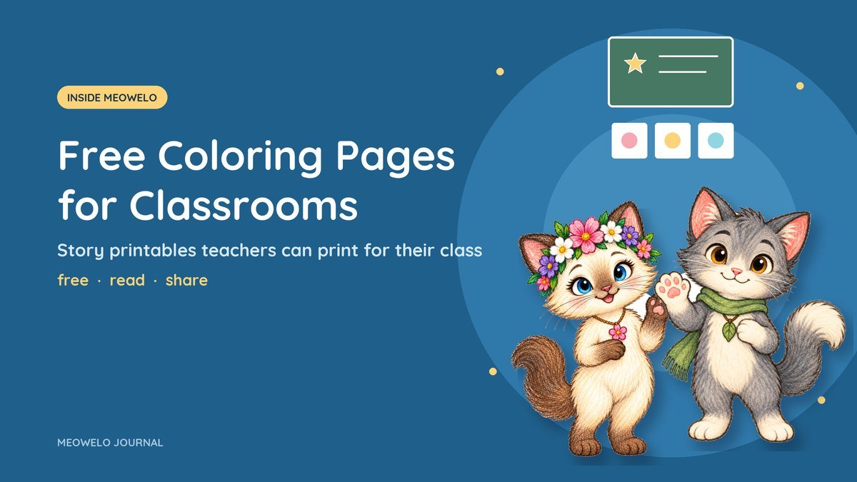 Free Coloring Pages for Classrooms: Naeli and Myro from Meowelo beside a chalkboard and three coloring pages