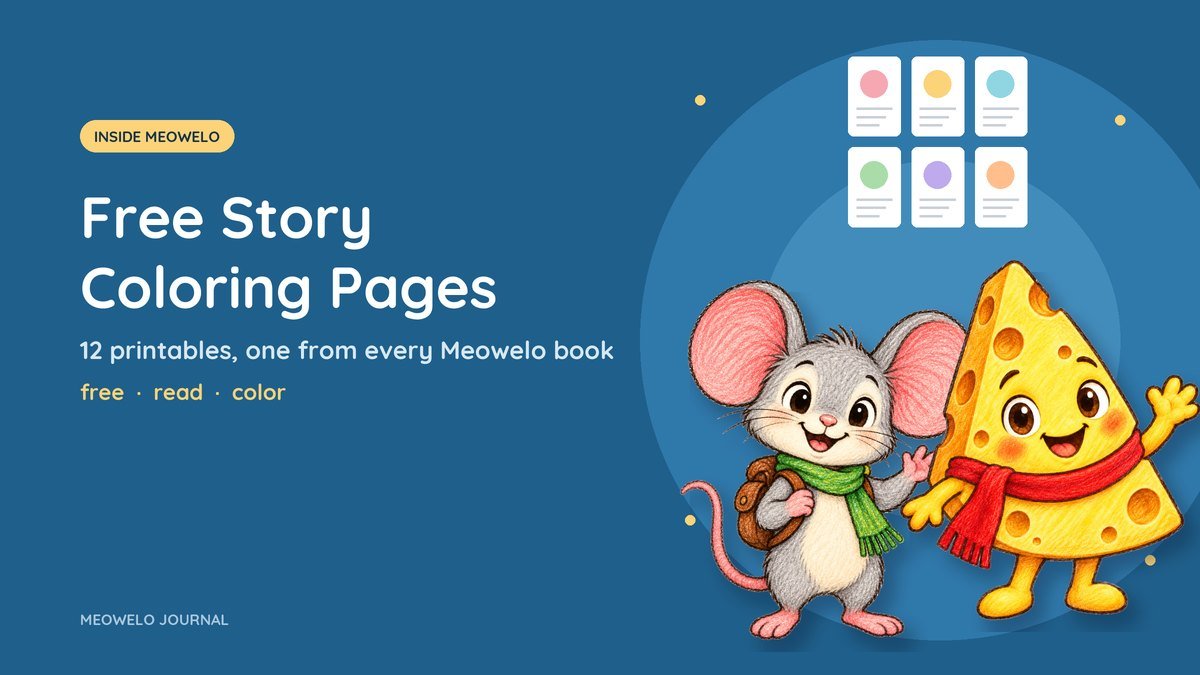 Free Story Coloring Pages: Pico and Cheddo from Meowelo beside six small coloring pages