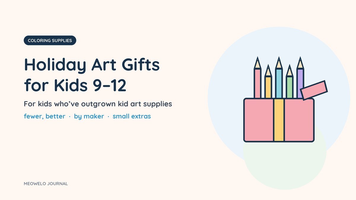 Holiday Art Gifts for Kids 9–12: colored pencils standing up out of an open gift box with a ribbon
