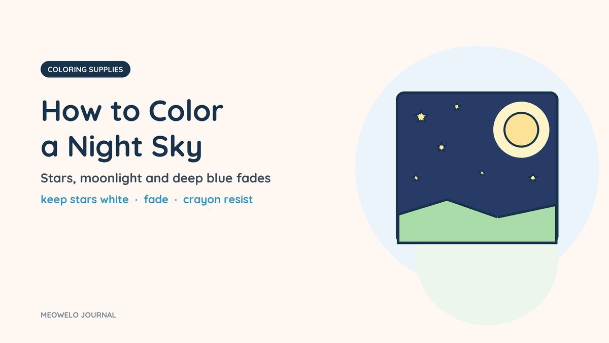 How to Color a Night Sky: a framed night sky with a glowing moon, yellow stars and a green hill