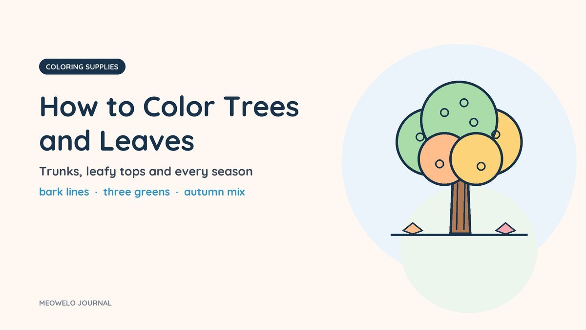 How to Color Trees and Leaves: a round tree with green, yellow and orange leaves and a striped brown trunk