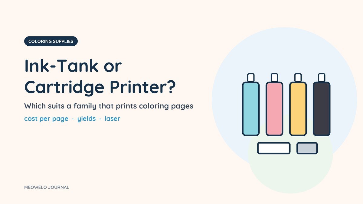 Ink-Tank or Cartridge Printer: four ink bottles in blue, pink, yellow and black beside two cartridges