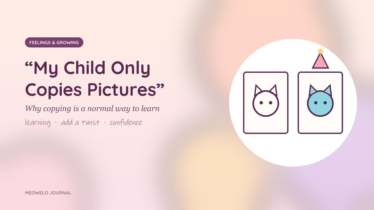 “My Child Only Copies Pictures”: two cat drawings side by side, the copy with a party hat