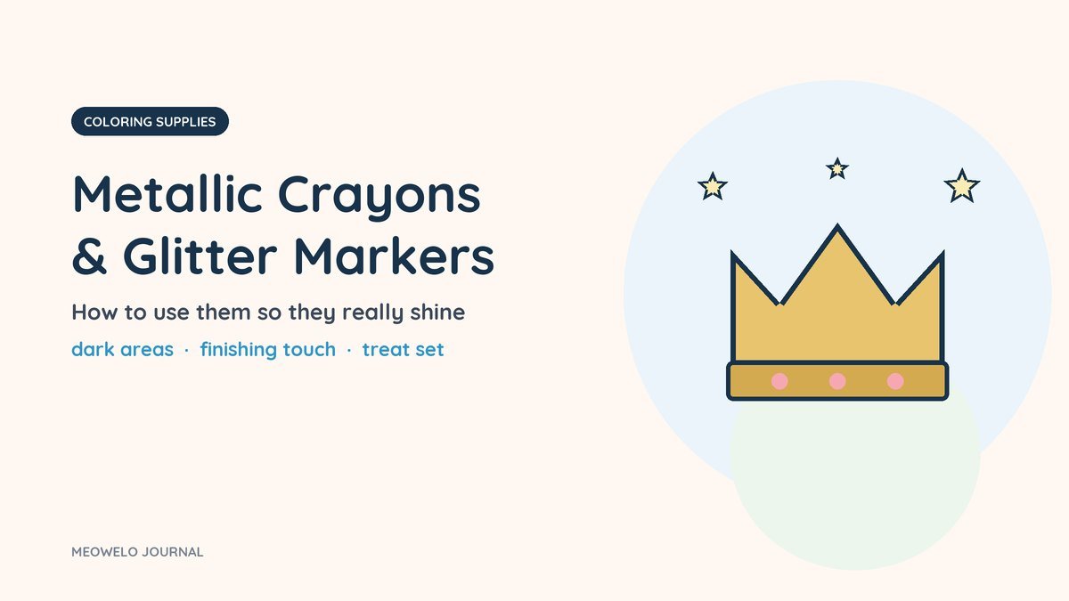 Metallic Crayons and Glitter Markers: a gold crown with pink jewels under three pale stars