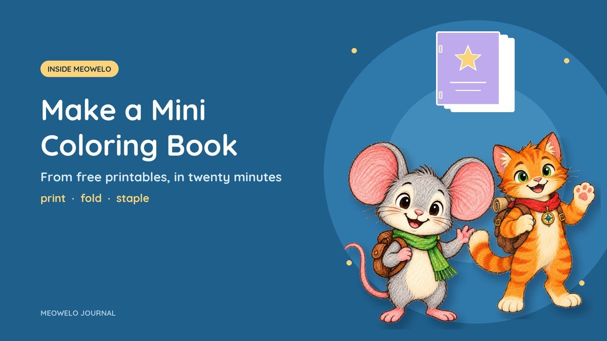 Make a Mini Coloring Book: Pico and Riyu from Meowelo beside a small stapled booklet with a star on its cover