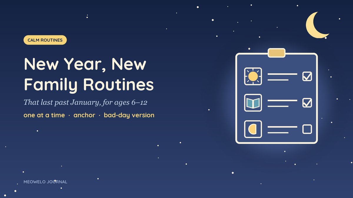 New Year Family Routines: a small checklist with a sun, a book and a moon, drawn in light lines on night blue