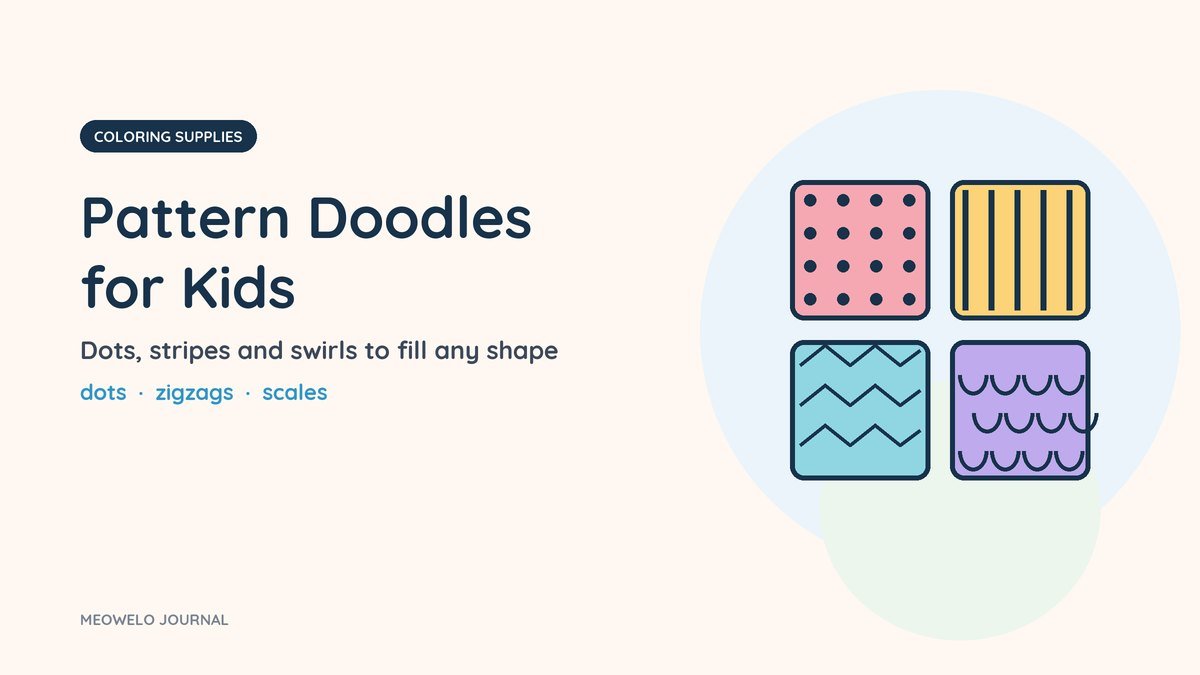 Pattern Doodles for Kids: four colored tiles filled with dots, stripes, zigzags and scales