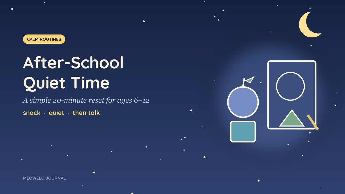 After-School Quiet Time: an apple and a cup beside a coloring page, drawn in light lines on night blue
