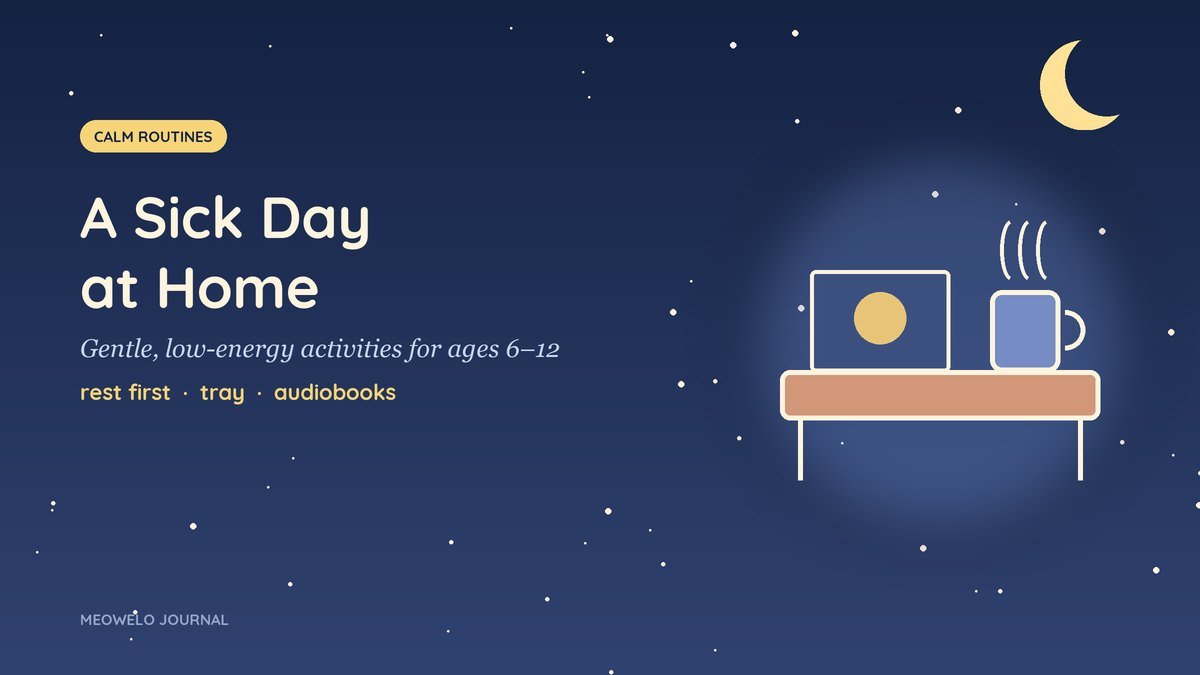 A Sick Day at Home: a bed tray with a coloring page and a warm mug on a starry night-blue background