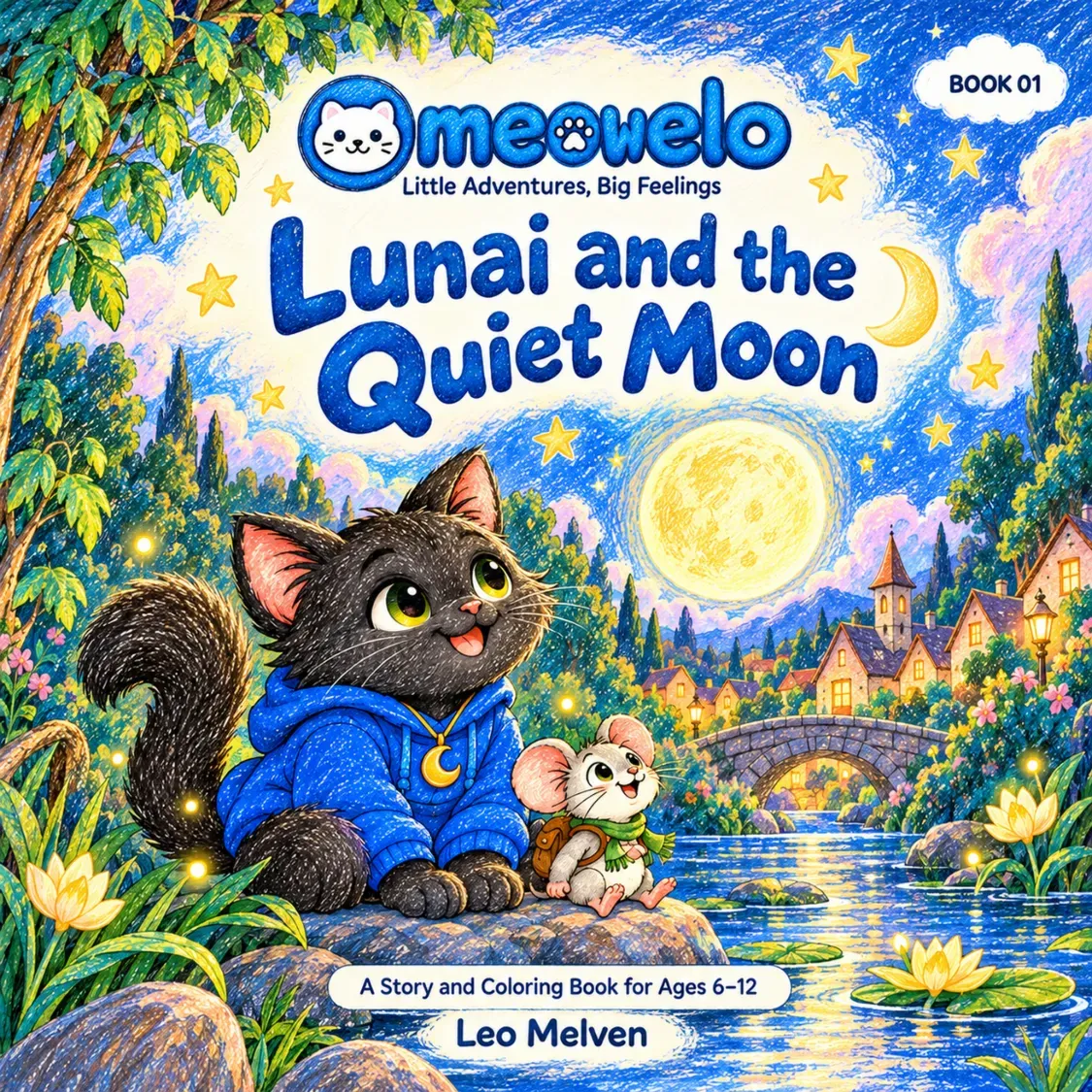 Cover of Lunai and the Quiet Moon: Lunai, a black cat in a blue hoodie with a moon pendant, sits on a rock by the moonlit pond with Pico the mouse, under a big full moon, with the village and a stone bridge behind them.