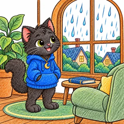 Scene 1 of Lunai and the Quiet Moon, “The Rainy Window”, colored with crayons