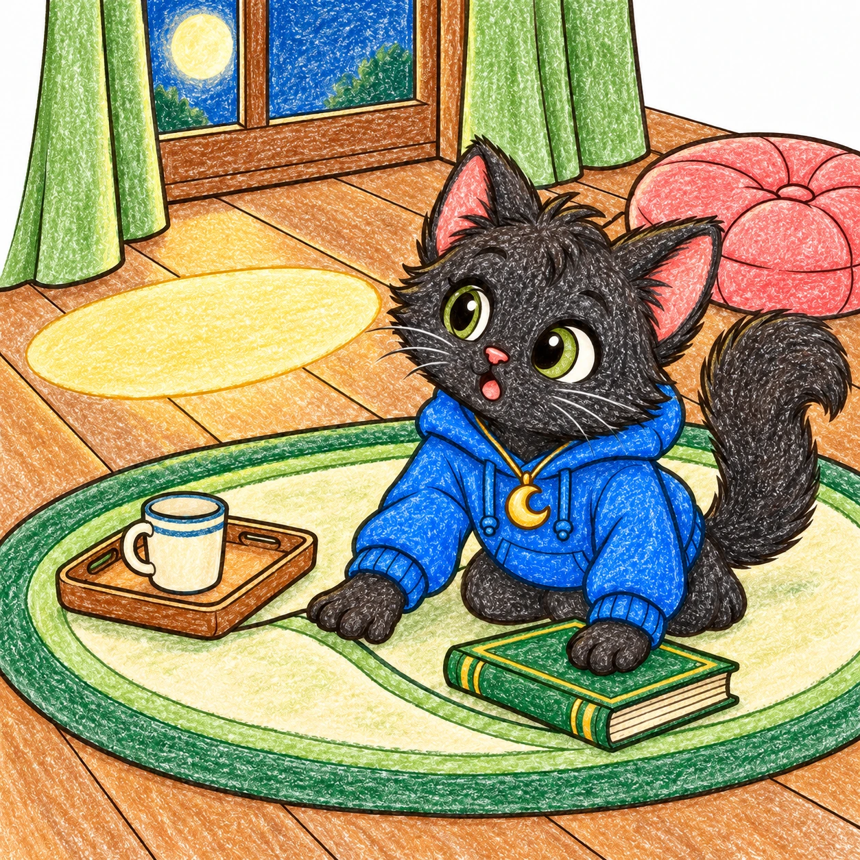 Scene 3 of Lunai and the Quiet Moon, “The Busy Paws”, colored with crayons