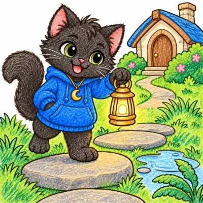 Scene 6 of Lunai and the Quiet Moon, “The First Step Outside”, colored with crayons