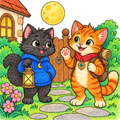 Scene 7 of Lunai and the Quiet Moon, “Meeting Riyu”, colored with crayons