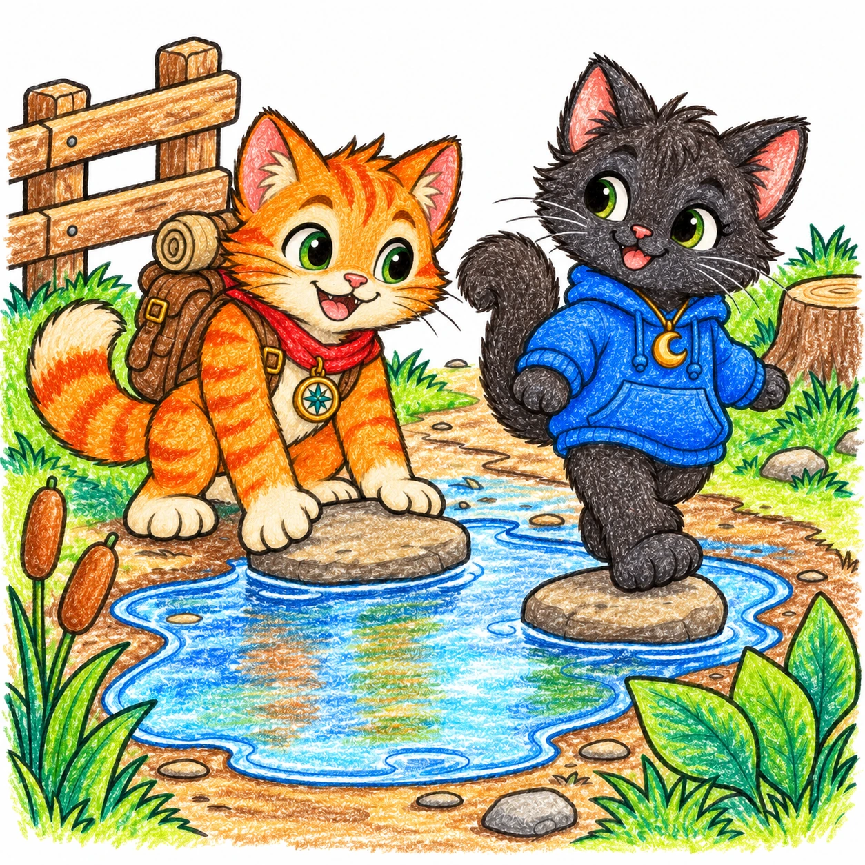 Scene 8 of Lunai and the Quiet Moon, “The Puddle Detour”, colored with crayons