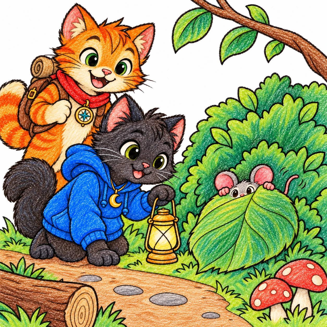Scene 9 of Lunai and the Quiet Moon, “The Rustling Bush”, colored with crayons
