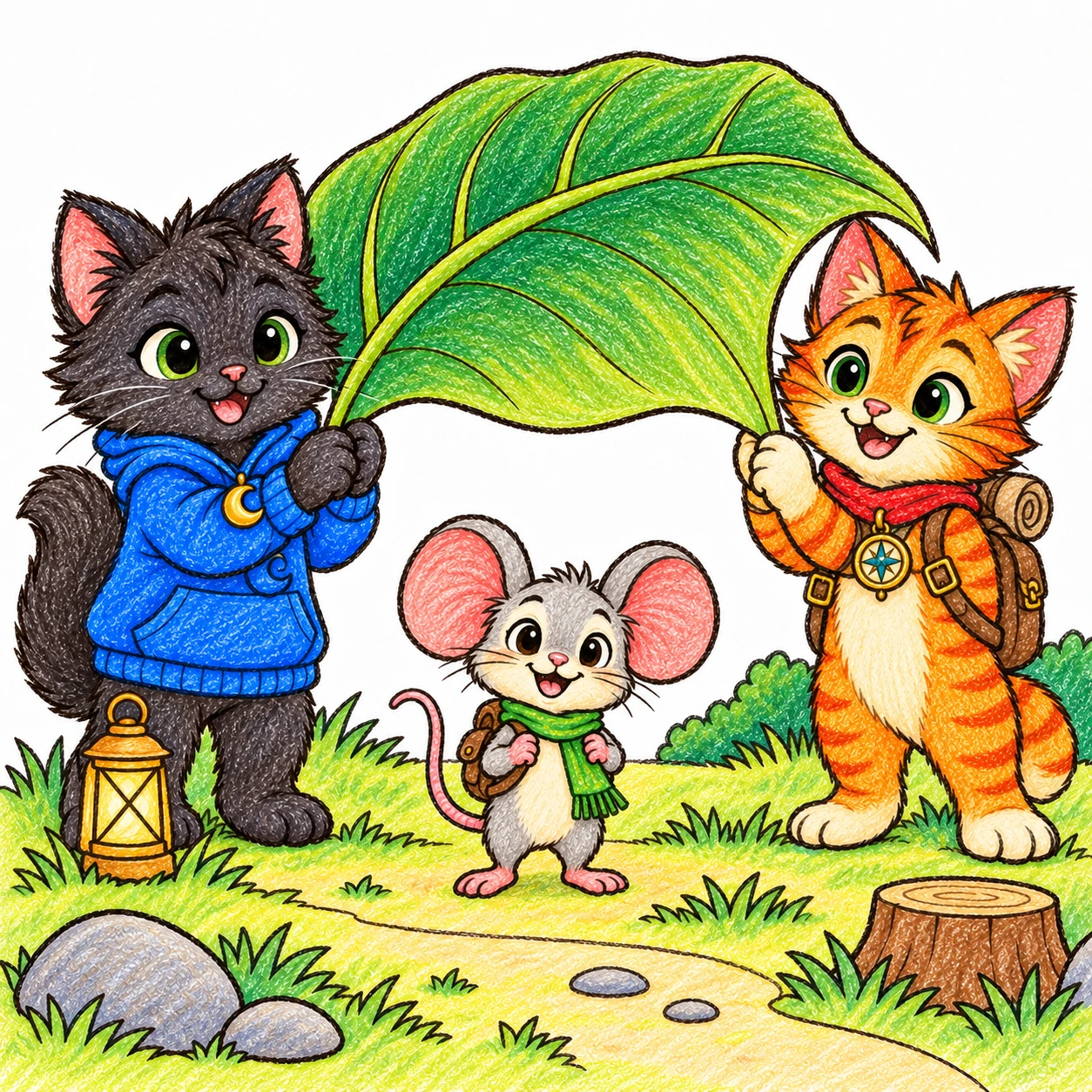 Scene 10 of Lunai and the Quiet Moon, “Pico and the Giant Leaf”, colored with crayons
