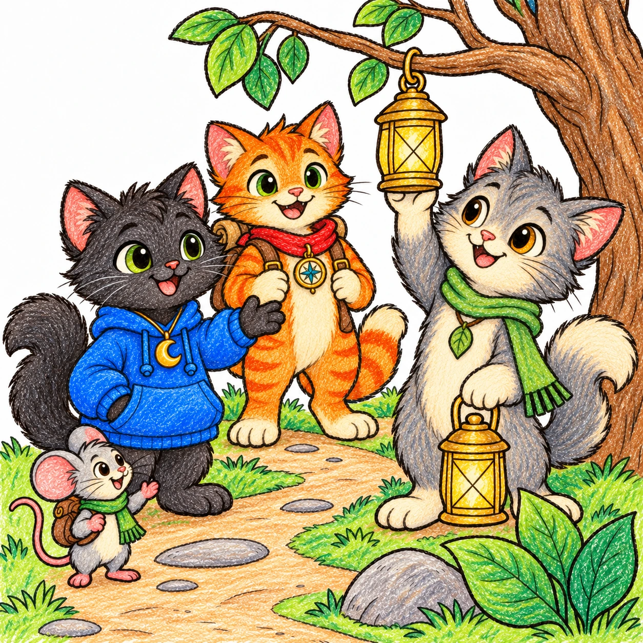Scene 12 of Lunai and the Quiet Moon, “Meeting Myro”, colored with crayons