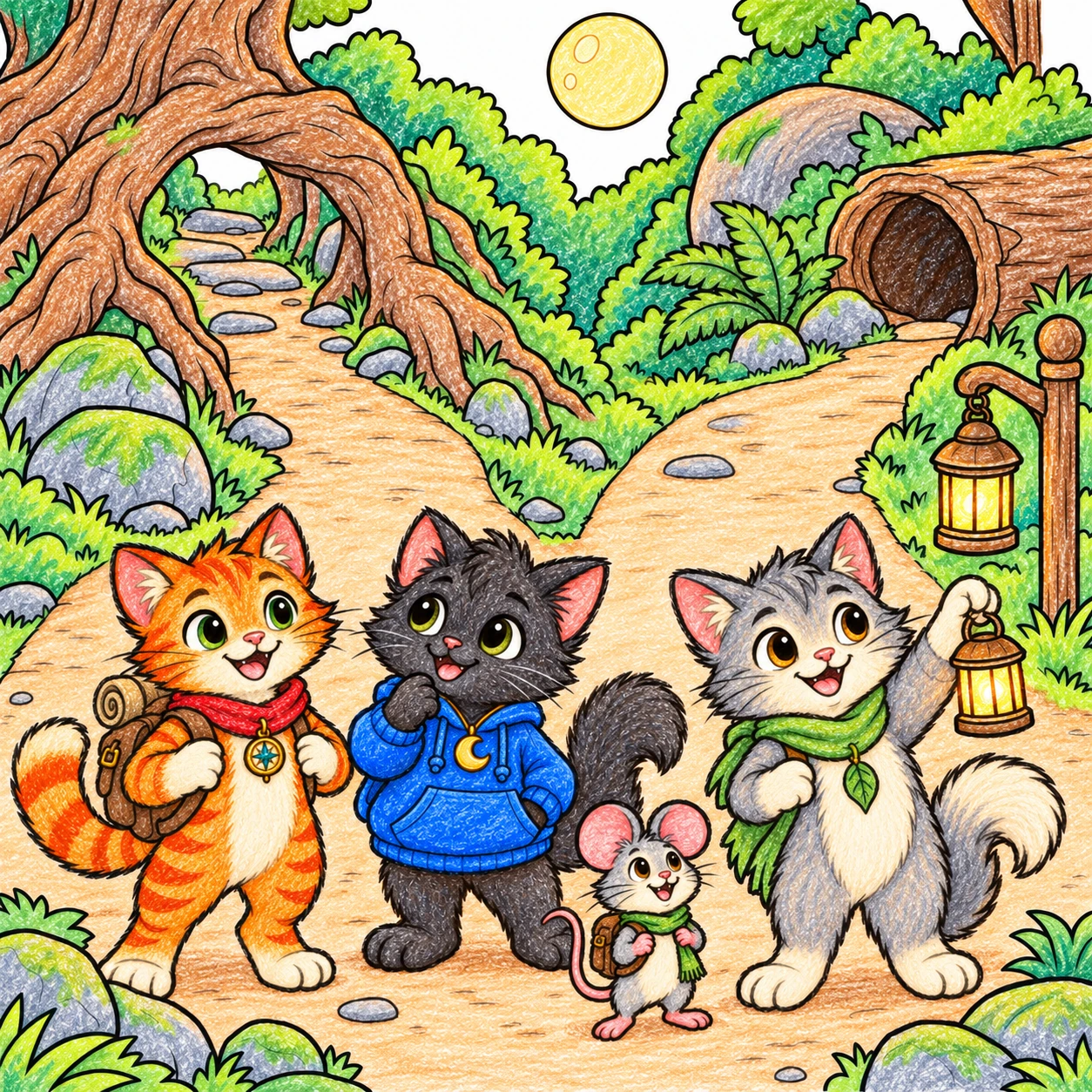 Scene 13 of Lunai and the Quiet Moon, “A Path Full of Possibilities”, colored with crayons