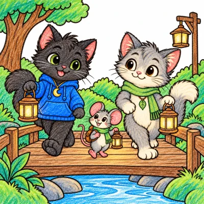 Scene 14 of Lunai and the Quiet Moon, “One Lantern at a Time”, colored with crayons