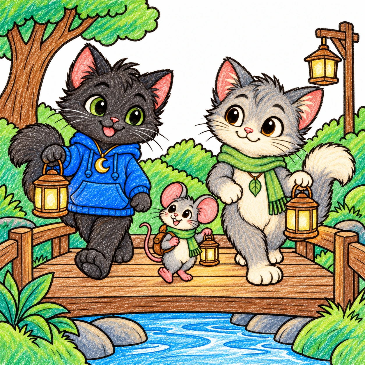 Scene 14 of Lunai and the Quiet Moon, “One Lantern at a Time”, colored with crayons