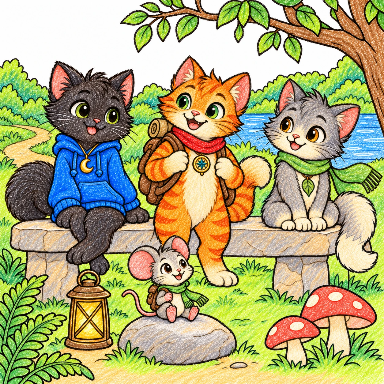 Scene 15 of Lunai and the Quiet Moon, “The Lantern Pause”, colored with crayons
