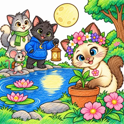 Scene 16 of Lunai and the Quiet Moon, “Arriving at Moon Pond”, colored with crayons