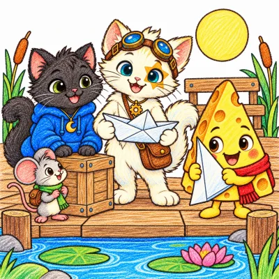 Scene 17 of Lunai and the Quiet Moon, “The Pondside Friends”, colored with crayons