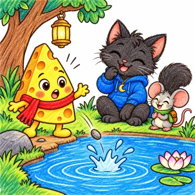 Scene 20 of Lunai and the Quiet Moon, “Cheddo's Plunk”, colored with crayons