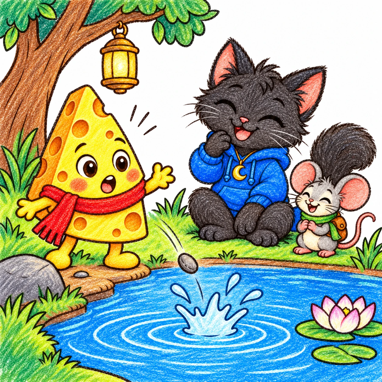 Scene 20 of Lunai and the Quiet Moon, “Cheddo's Plunk”, colored with crayons